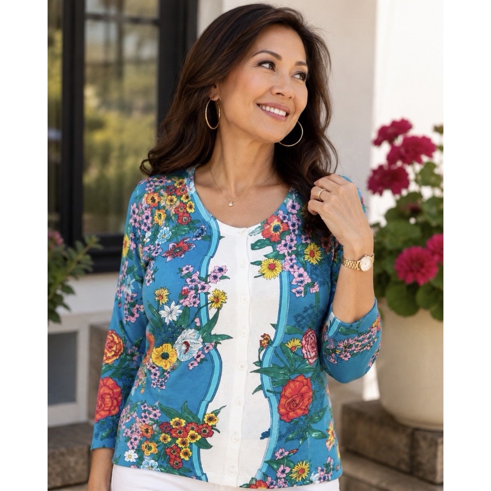 Talbots Charming Cardigan Sweater  Womens 2XP Blossoms Floral Print Button Front